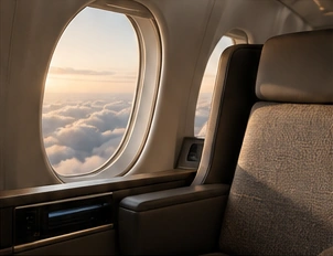 夕空を望む上質な航空機のシートのイメージ